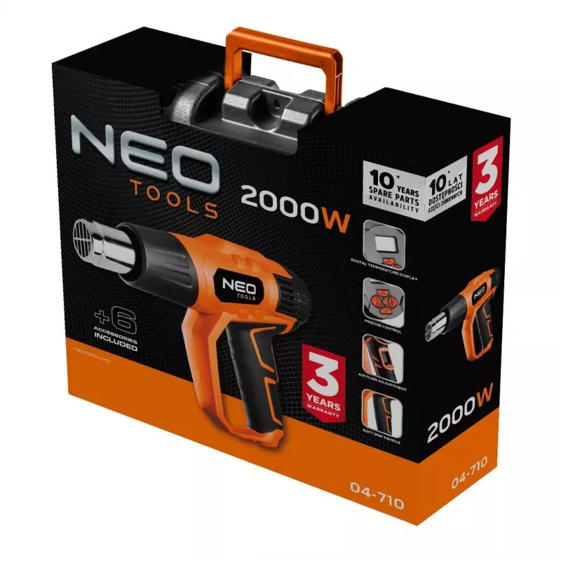 NEO TOOLS Heißluftgebläse 2000W mit LCD-Display, 50°C & 70-600°C, 4 Düsen, Schaber, Tragekoffer