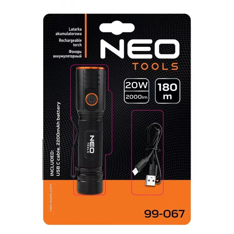 NEO TOOLS USB C 2000 lm CHN LED Akku-Taschenlampe