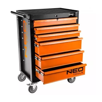 NEO Tools Werkstatt-Schrank, 6 Schubladen, 280 kg Gesamtlast, abschließbar, Kugelgelagerte Schubladenführungen, Kippschutz, 4 Rollen, Stahl