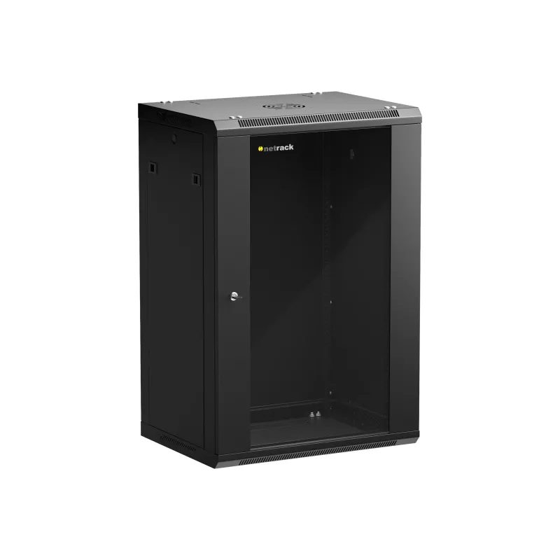 NETRACK 019-180-645-022 Wand-/Hängegehäuse 19 inch 18U 450mm Glastür Schwarz Abnehmbare Seitenwände