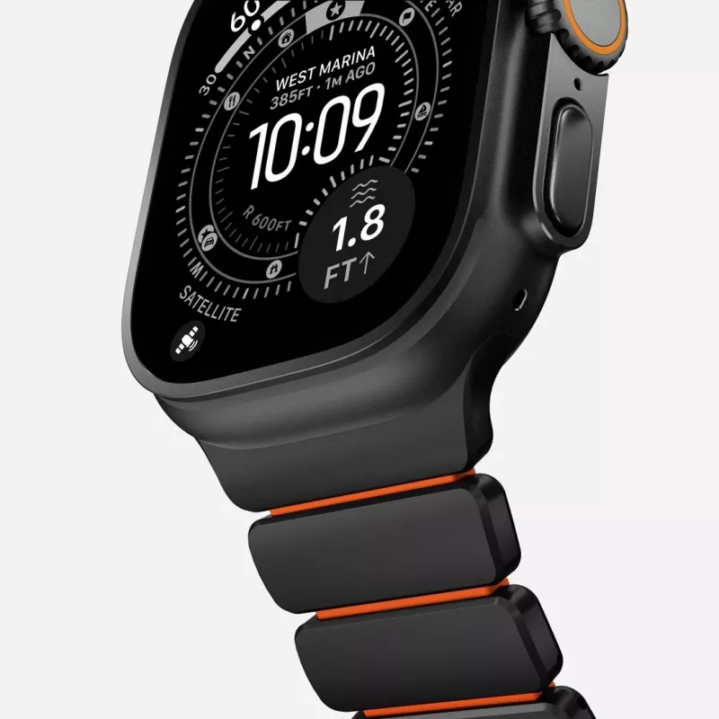 NOMAD Stratos Band - Titanarmband für Apple Watch 49mm mit FKM (Black Titanium, Ultra Orange FKM)