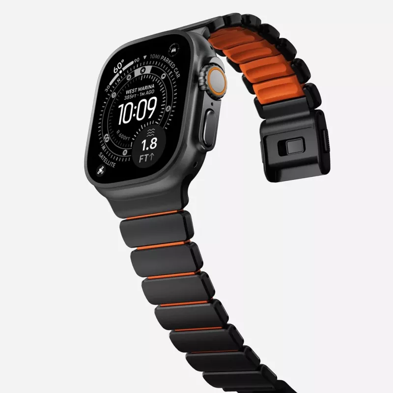 NOMAD Stratos Band - Titanarmband für Apple Watch 49mm mit FKM (Black Titanium, Ultra Orange FKM)