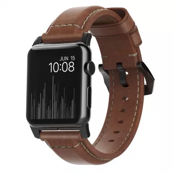 NOMAD Traditional Band - Horween Lederarmband für Apple Watch 46mm/49mm, Rustic Brown, Black Hardware
