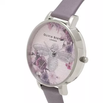 Olivia Burton Enchanted Garden Damenuhr OB16EM05 - 38 mm Roségold-Edelstahlgehäuse, weißes Blumen-Zifferblatt, minkgraues Lederarmband