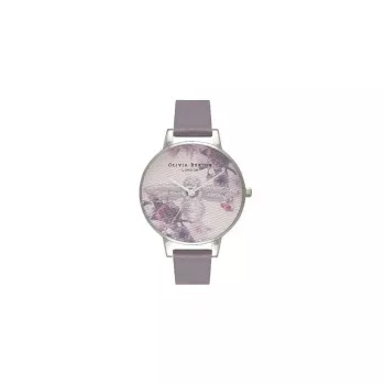 Olivia Burton Enchanted Garden Damenuhr OB16EM05 - 38 mm Roségold-Edelstahlgehäuse, weißes Blumen-Zifferblatt, minkgraues Lederarmband
