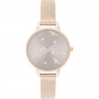 OLIVIA BURTON Damenuhr Celestial OB16PQ04 - 34mm Roségold-farbenes Edelstahlgehäuse, graues Lederarmband, Quarz-Analog