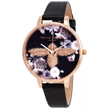 Olivia Burton Damenuhr Enchanted Garden OB16EM02 - 38mm Roségold-Edelstahlgehäuse, graues Lederarmband, graues Zifferblatt mit Bienenmotiv