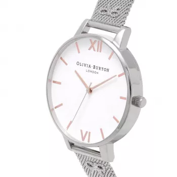 Olivia Burton Damenuhr Enchanted Garden OB16ES10 - 38mm Roségold-Edelstahlgehäuse, weißes Blumenzifferblatt, graues Lederarmband