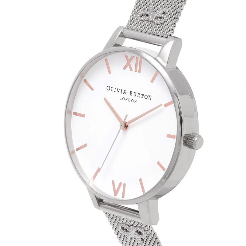 Olivia Burton Damenuhr Enchanted Garden OB16ES10 - 38mm Roségold-Edelstahlgehäuse, weißes Blumenzifferblatt, graues Lederarmband