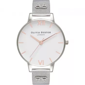 Olivia Burton Damenuhr Enchanted Garden OB16ES10 - 38mm Roségold-Edelstahlgehäuse, weißes Blumenzifferblatt, graues Lederarmband