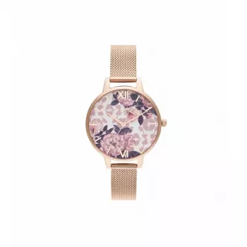 Olivia Burton Damenuhr Lucky Bee OB16LP01 - 34mm Roségold-Gehäuse, weißes Zifferblatt, graues Lederarmband
