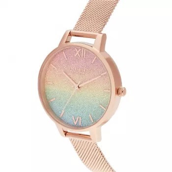 OLIVIA BURTON Damenuhr Rainbow Bee OB16RB18 - 34mm Edelstahlgehäuse, graues Lederarmband, weißes Zifferblatt mit Regenbogenbienen-Motiv, Quarzwerk