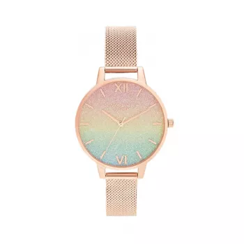 OLIVIA BURTON Damenuhr Rainbow Bee OB16RB18 - 34mm Edelstahlgehäuse, graues Lederarmband, weißes Zifferblatt mit Regenbogenbienen-Motiv, Quarzwerk