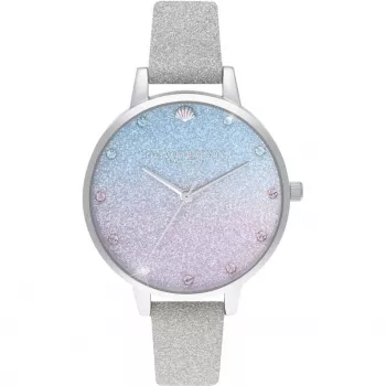 Olivia Burton Damenuhr Sparkle Floral OB16US49 - 34 mm Gehäuse aus roségoldfarbenem Edelstahl, graues Lederarmband, weißes Zifferblatt mit Blumenprint