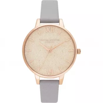 Olivia Burton Damenuhr OB16GD45 34 mm Graues Glitzer-Zifferblatt Roségold plattiertes Edelstahl-Lederarmband