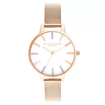 Olivia Burton Damenuhr OB16RB24 34mm Silber Edelstahl Weißes Zifferblatt Regenbogen Biene Graues Leder