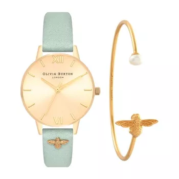 Olivia Burton Damenuhr OBGSET116 34mm Roségold mit Blumenzifferblatt und grauem Lederarmband plus Armreif