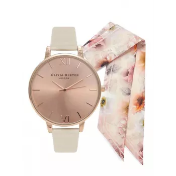 Olivia Burton Damenuhr OBGSET51 30mm Roségold Edelstahl & graues Leder