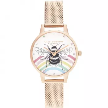 OLIVIA BURTON Damenuhr Wishing Star OB16WL90 30mm Roségold Edelstahl Weißes Perlmuttzifferblatt Graues Lederarmband
