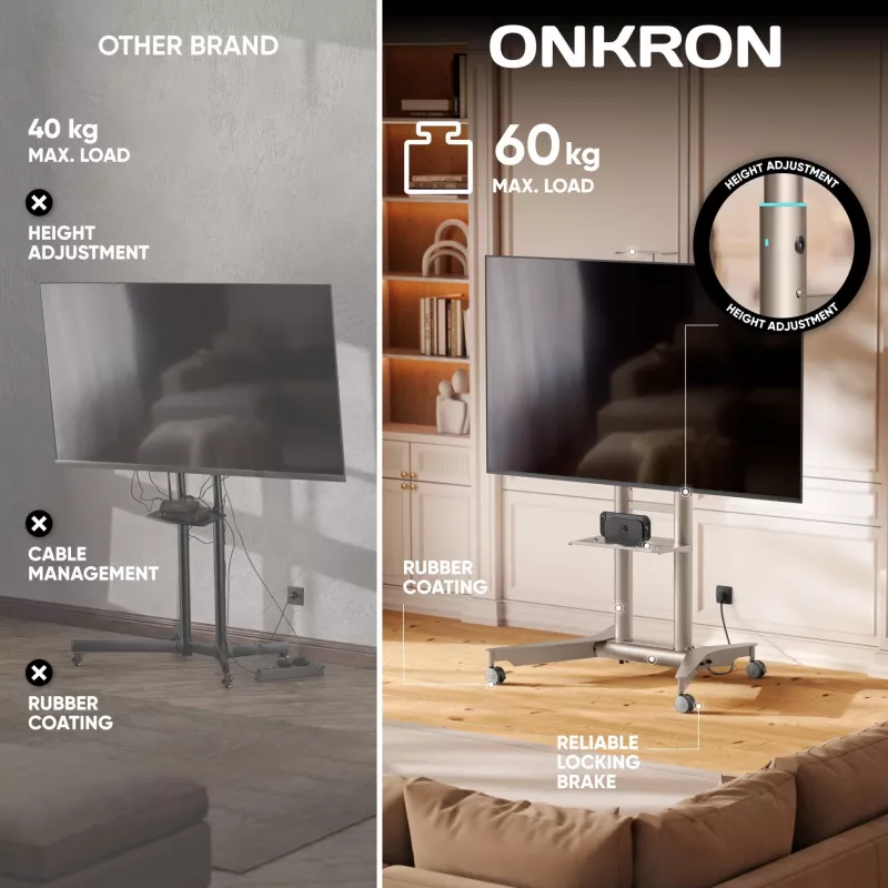 ONKRON TS1571-C Mobiler TV-Ständer mit AV-Ablage für 32-75 Zoll Bildschirme, Champagner