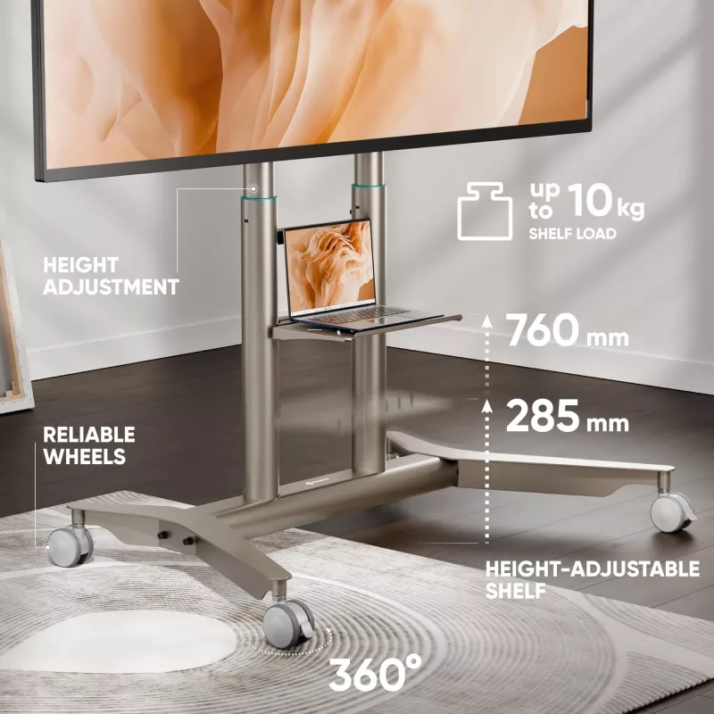 ONKRON TS1871-C Mobiler TV-Ständer für 55-90 Zoll Bildschirme - Champagner, höhenverstellbar, VESA 200x200 bis 800x500, 90,9 kg Tragkraft