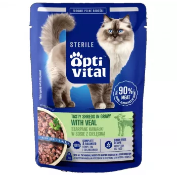OPTIVITAL Sterile Tasty Shreds in Gravy with Veal - Nassfutter für Katzen - 85g