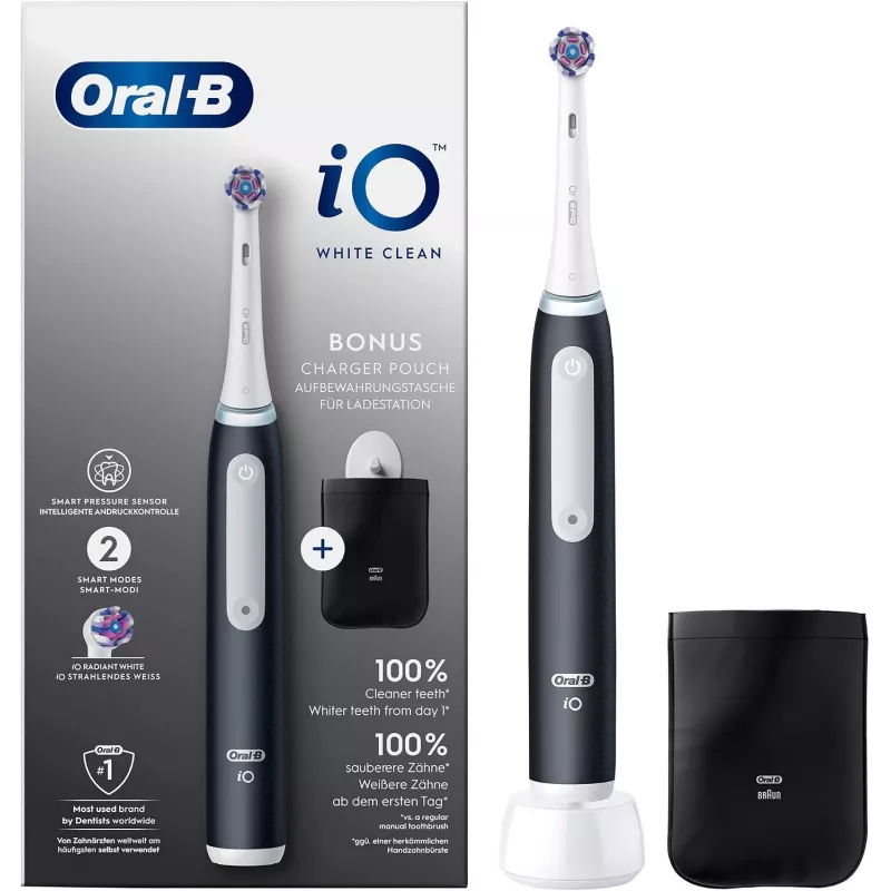 Oral-B iO White Clean Elektrische Zahnbürste, Schwarz/Weiß mit Reiseetui