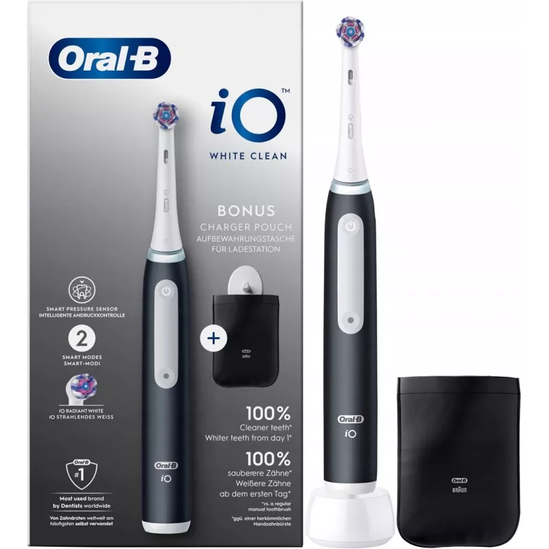 Oral-B iO White Clean Elektrische Zahnbürste, Schwarz/Weiß mit Reiseetui