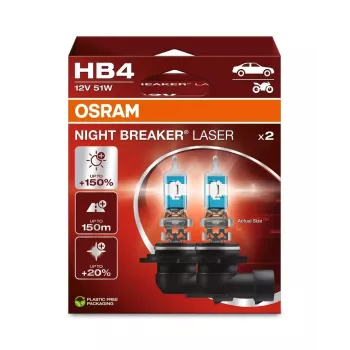 OSRAM Night Breaker Laser HB4 (Set of 2) - 12V 51W P22d Halogen-Scheinwerferlampen, bis zu 150% mehr Helligkeit, 150m Leuchtweite, 20% weißeres Licht, Weiß