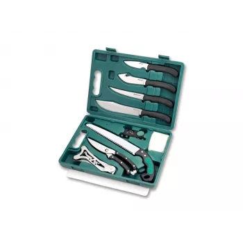 Outdoor Edge Game Pro Kit 10-teiliges Wildbretschneide-Set mit Messern, Säge, Schere, Schärfer, Handschuhen, Schneidebrett und Hartschalenkoffer