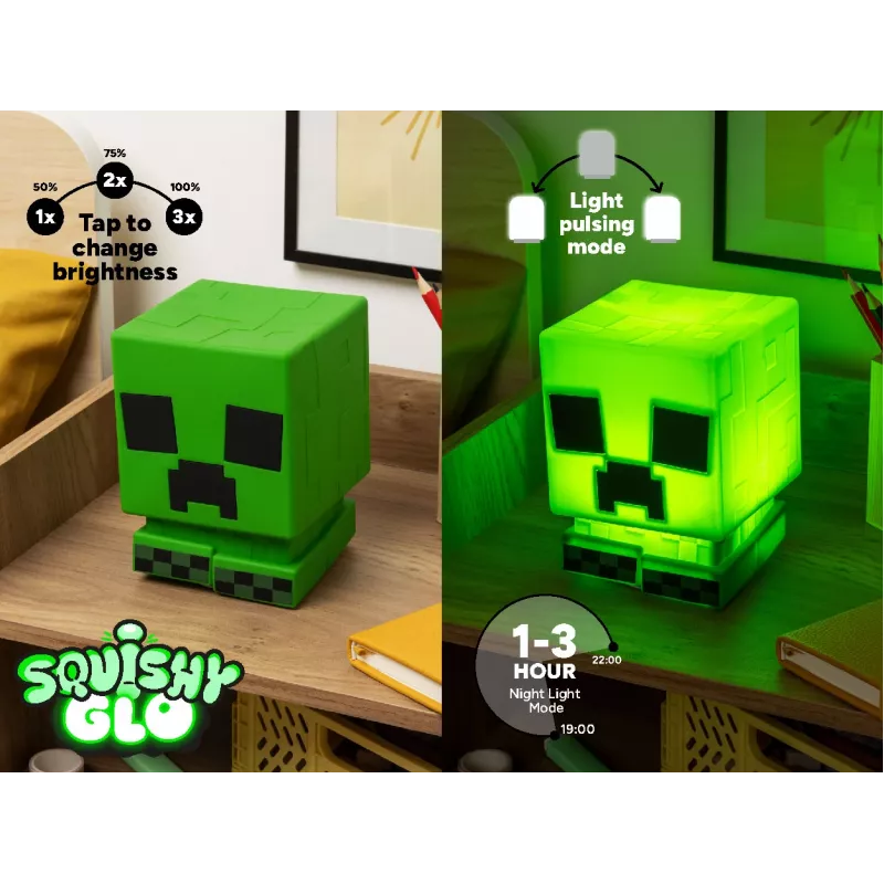 Paladone Minecraft Creeper SquishyGlo Silikonlicht Wiederaufladbar – Dimmbares grünes LED-Nachtlicht mit 3 Helligkeitsstufen und Micro-USB-Ladung