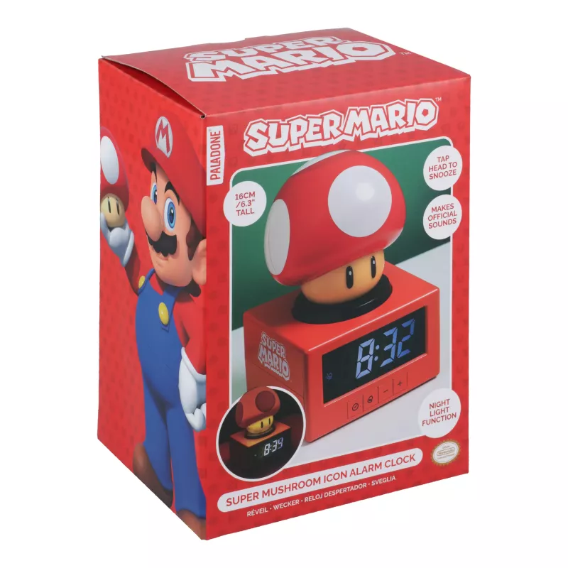 Paladone Super Mario Super Mushroom Icon Alarm Clock - Digital LCD, USB Powered, Official Nintendo Sound Effects, Rot/Weiß