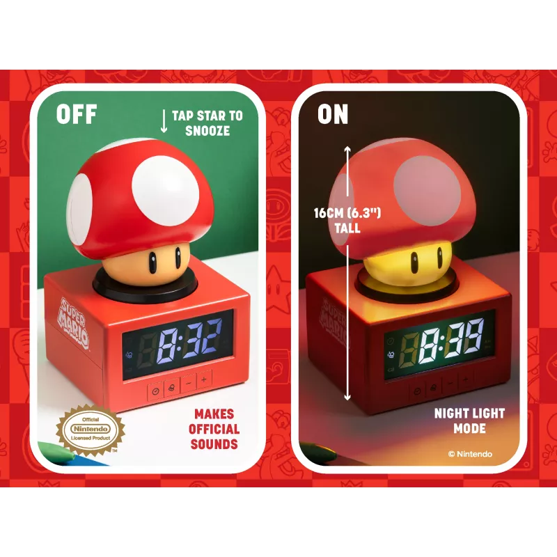 Paladone Super Mario Super Mushroom Icon Alarm Clock - Digital LCD, USB Powered, Official Nintendo Sound Effects, Rot/Weiß