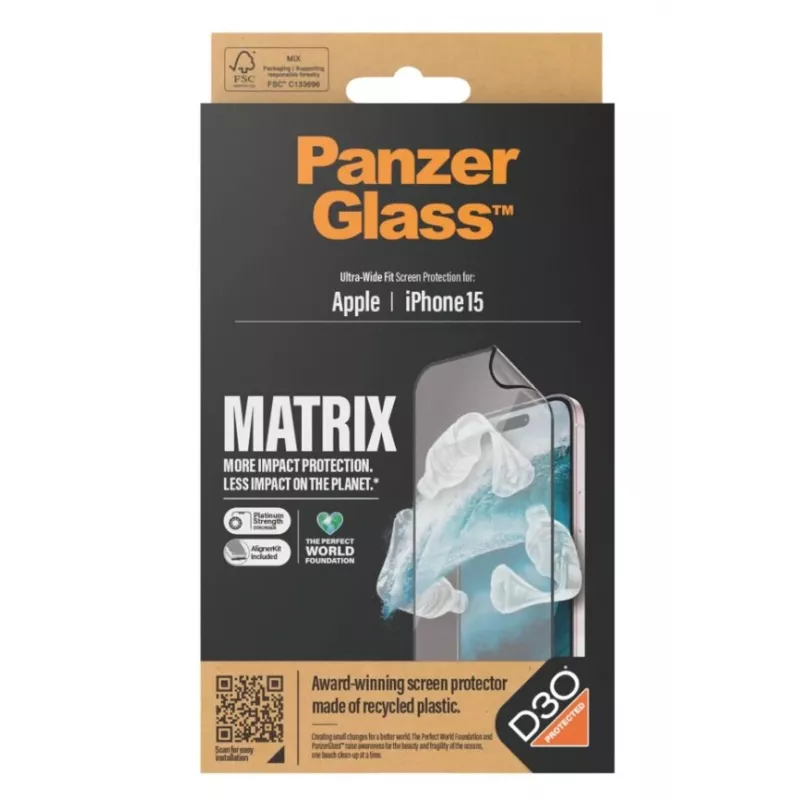 PanzerGlass MATRIX Displayschutz mit D3O für iPhone 15 | Ultra-Wide Fit mit AlignerKit