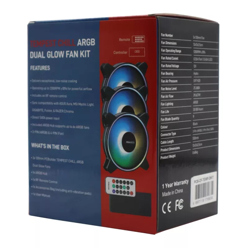 PCBuilder Tempest Chill Lüfter-Kit 3x120mm Dual Glow ARGB-Lüfter + Controller + RF-Fernbedienung