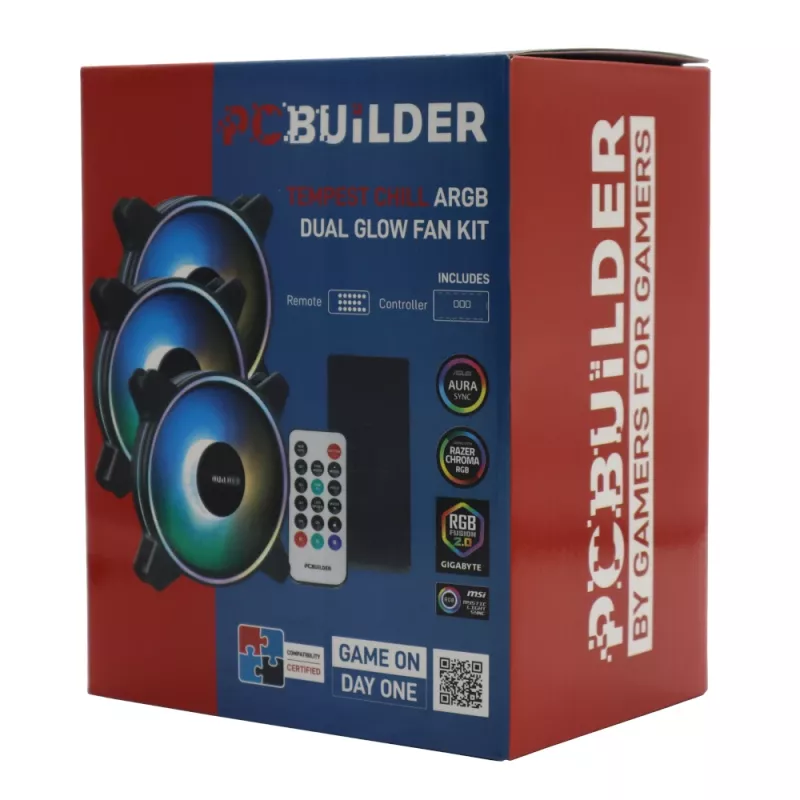 PCBuilder Tempest Chill Lüfter-Kit 3x120mm Dual Glow ARGB-Lüfter + Controller + RF-Fernbedienung