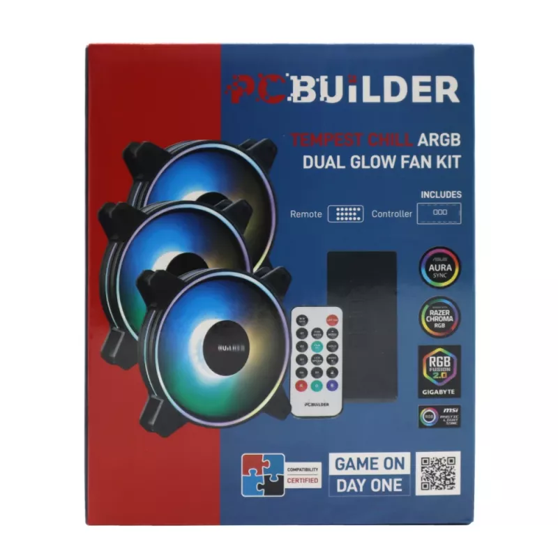 PCBuilder Tempest Chill Lüfter-Kit 3x120mm Dual Glow ARGB-Lüfter + Controller + RF-Fernbedienung