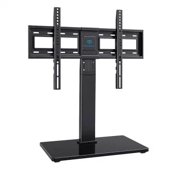PERLESMITH PSTVS13 Freistehender TV-Ständer mit Halterung für 37-75 Zoll Fernseher, Schwarz, 45 kg Tragfähigkeit, VESA 100x100 bis 600x400, höhenverstellbar, Schwenk ±35°, gehärtete Glasbasis