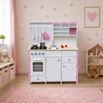 PETMEX Paula Holzspielküche für Kinder Pink Weiß mit Öffnungselementen