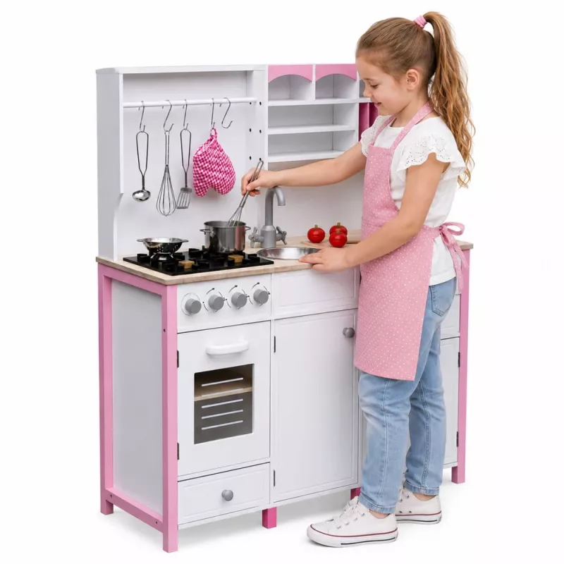 PETMEX Paula Holzspielküche für Kinder Pink Weiß mit Öffnungselementen