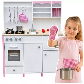 PETMEX Paula Holzspielküche für Kinder Pink Weiß mit Öffnungselementen