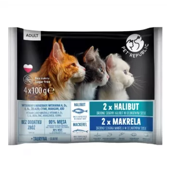 PETREPUBLIC Adult Heilbutt und Makrele Nassfutter für Katzen – 4x100g Beutel