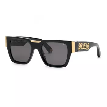 PHILIPP PLEIN SPP095M520700 Herren-Sonnenbrille, eckig, schwarzer Acetatrahmen, graue Gläser, UV400, 52/21/145 mm