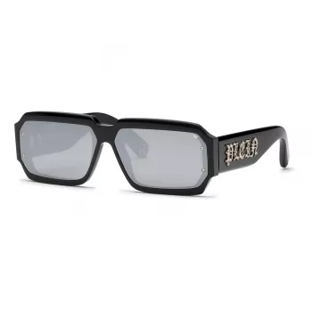 PHILIPP PLEIN SPP150-670700 Herren-Sonnenbrille, Schwarzer Acetatrahmen, Dunkelgraue Gläser, 67/11/145 mm