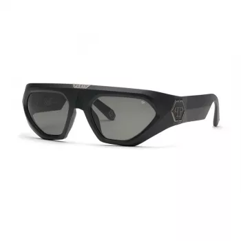 PHILIPP PLEIN SPP153-580U28 Herren-Rechteck-Sonnenbrille, glänzender schwarzer Acetatrahmen, rauchgraue Polycarbonatgläser, 58 mm