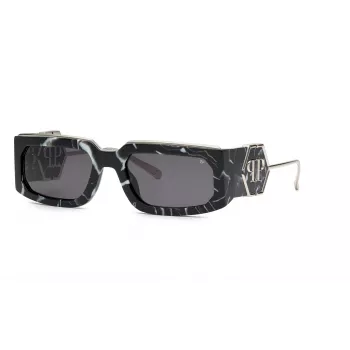 PHILIPP PLEIN Unisex Sonnenbrille SPP119M580Z21 - Schwarzer Acetatrahmen, graue Polycarbonatgläser, UV400-Schutz