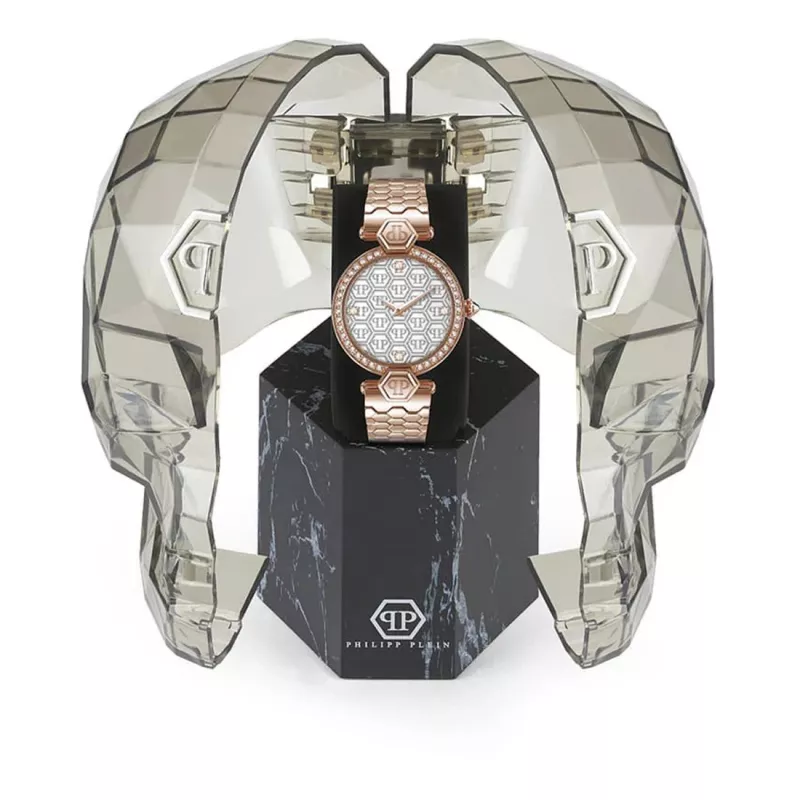 Philipp Plein Damenuhr PWEAA0821 32mm Edelstahl Quarz Uhr mit schwarzem Totenkopf-Zifferblatt
