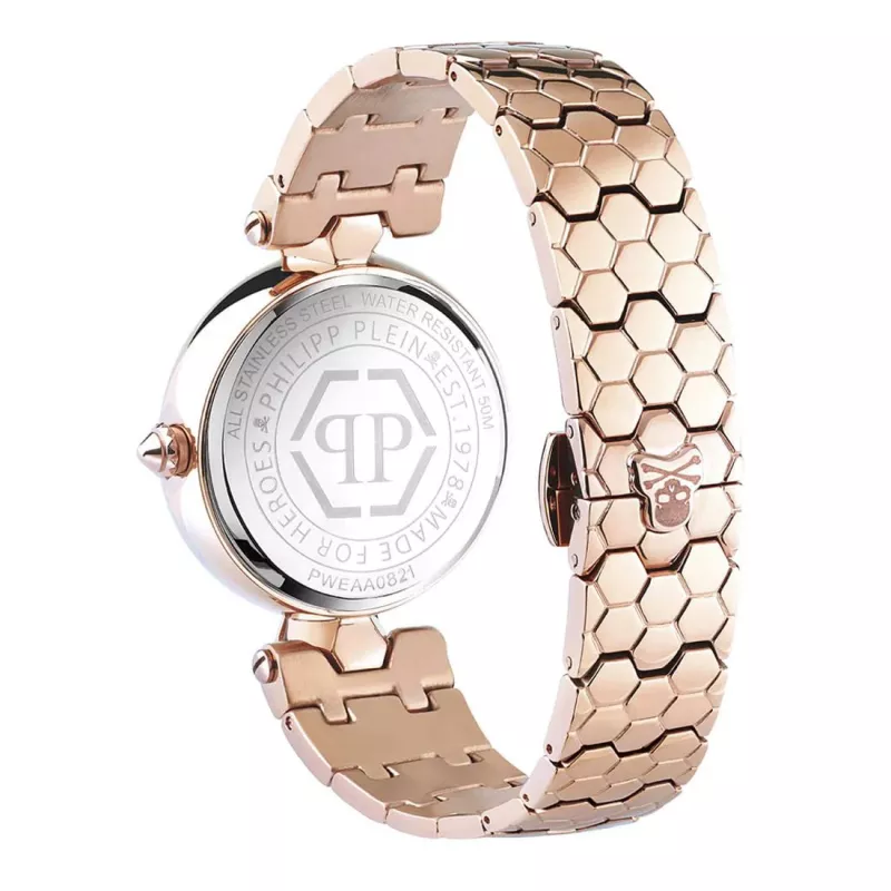 Philipp Plein Damenuhr PWEAA0821 32mm Edelstahl Quarz Uhr mit schwarzem Totenkopf-Zifferblatt