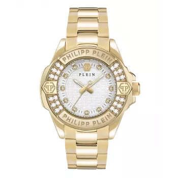 Philipp Plein Damenuhr The $kull Quarz 38mm Edelstahl Schwarzes Zifferblatt Silikonarmband PWOFA0725