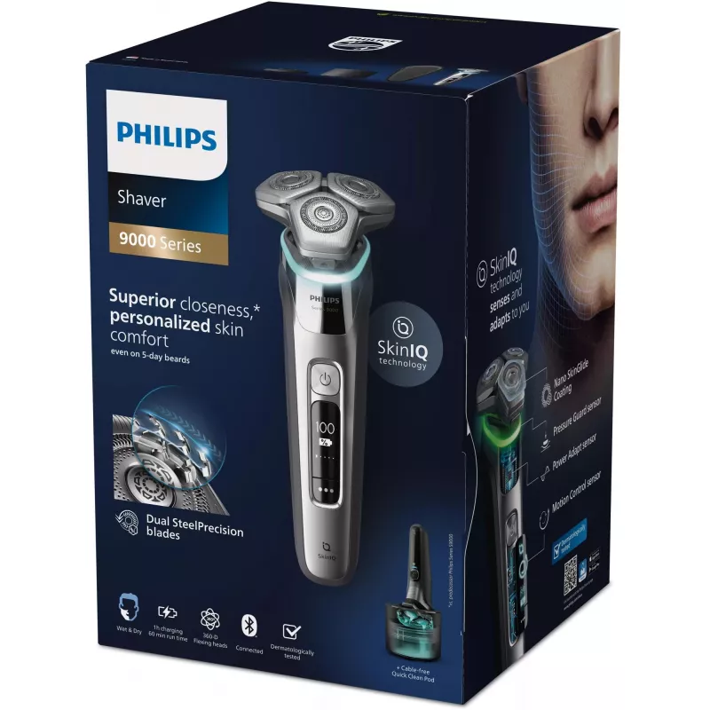 Philips S9975/55 SkinIQ Nass- & Trockenrasierer – 360-D Flexköpfe, 60 Min. Laufzeit, Chrom